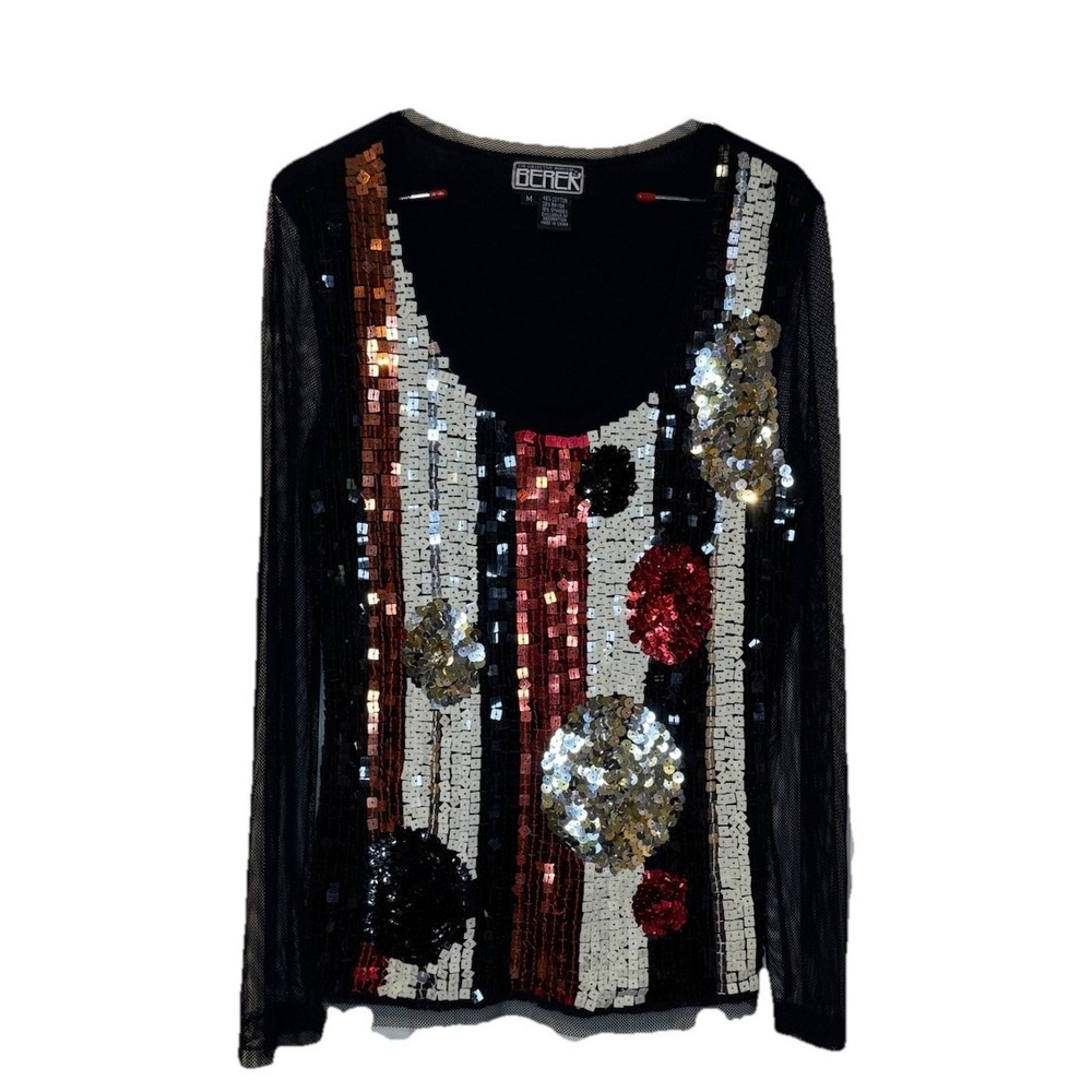 Workshop or Berek 2 Women Top Lace Sheer Sleeves Striped Sequined Stretch Medium